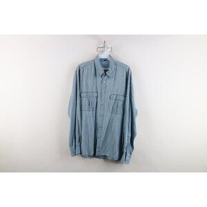 Vintage Bugatchi Uomo Mens Medium Faded Silk Ribbed Collared Button Shirt Blue